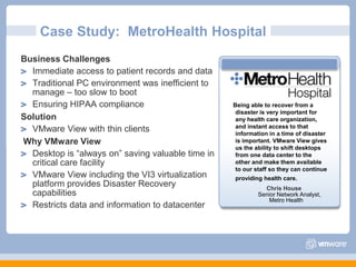 Case Study:  MetroHealth HospitalBusiness ChallengesImmediate access to patient records and dataTraditional PC environment was inefficient to manage – too slow to bootEnsuring HIPAA complianceSolutionVMware View with thin clients Why VMware ViewDesktop is “always on” saving valuable time in critical care facilityVMware View including the VI3 virtualization platform provides Disaster Recovery capabilitiesRestricts data and information to datacenter Being able to recover from a disaster is very important for any health care organization, and instant access to that information in a time of disaster is important. VMware View gives us the ability to shift desktops from one data center to the other and make them available to our staff so they can continue providing health care.Chris HouseSenior Network Analyst, Metro Health