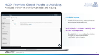 © 2023 VMware, Inc. 21
HCX+ Provides Global Insight to Activities
No guess-work in where your workloads are moving
Unified Console
• Enable many-to-many site connectivity
among independent entities
Multisite cloud-based identity and
access management
• Cloud platform-powered authentication
policies by offering federated,
multifactor authentication
Centralized
Management
 