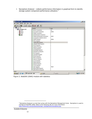 Navisphere Analyzer - collects performance information in graphical form to identify
       storage system component performance utilization.5




Figure 3. WebDAV (OWA) module with statistics




                                                                          
       5
        Navisphere Analyzer is a tool that comes with the Navisphere Management Suite. Navisphere is used to
       manage all Dell/EMC SANs. Refer to the following URL for more information
       http://www.emc.com/products/storage_management/navisphere.jsp.

Scalable Enterprise
                     13
 