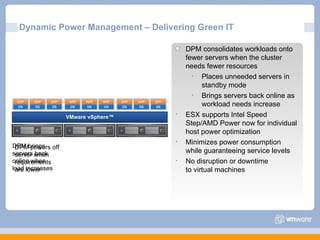 Dynamic Power Management – Delivering Green IT DPM consolidates workloads onto fewer servers when the cluster needs fewer resources Places unneeded servers in standby mode Brings servers back online as workload needs increase  ESX supports Intel Speed Step/AMD Power now for individual host power optimization Minimizes power consumption while guaranteeing service levels No disruption or downtime  to virtual machines VMware vSphere™ DPM powers off server when requirements are lower DPM brings servers back online when load increases Changed script and slide OS APP OS APP OS APP OS APP OS APP OS APP OS APP OS APP OS APP 