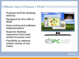 Purpose built for desktop delivery Designed for the LAN or WAN Uses end-to-end software implementation Superior desktop experience from task worker to power user Flexibility to address widest variety of use cases VMware View 4 Protocol = PCoIP 