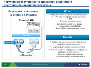 Регулярное тестирование сценариев аварийного
восстановления инфраструктуры

     Безопасной тестирование                                               Обзор
      на резервной площадке                                Автоматическое выполнение тестирования
                                                             • Глубокое тестирование приложений и
                                                                                 ВМ
               Резервный ЦОД
                                                                  •   Отчёты о результате теста
                     Изолированная
                     тестовая среда                            Изолированная тестовая среда
                                                                 • Snapshot replicated LUNs
                                                              • Запуск ВМ в изолированной среде


                  vSphere
                                                                         Benefits

 Replication                                                Уверенность в выполнимости сценариев
                                                                   аварийного восстановления
                                                            Быстрая диагностика возможных сбоев
                                                           Снижение затрат и требуемых ресурсов на
                                                                    проведение тестирования
                                                                • Высокая скорость выполнения
               LUN snapshot
                                                                 тестирования без остановки работы



27                            Конфиденциальный документ
 