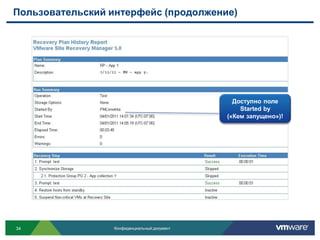 Пользовательский интерфейс (продолжение)




                                              Доступно поле
                                                Доступно поле
                                              Started by («Кем
                                                   Started by
                                                запущено»)!
                                              («Кем запущено»)!




34                Конфиденциальный документ
 