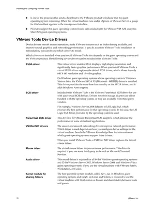 n Is one of the processes that sends a heartbeat to the VMware product to indicate that the guest
operating system is running. When the virtual machine runs under vSphere or VMware Server, a gauge
for this heartbeat appears in the management interface.
n Provides support for guest operating system-bound calls created with the VMware VIX API, except in
Mac OS X guest operating systems.
VMware Tools Device Drivers
Device drivers smooth mouse operations, make VMware features such as folder sharing available, and
improve sound, graphics, and networking performance. If you do a custom VMware Tools installation or
reinstallation, you can choose which drivers to install.
Which drivers are installed when you install VMware Tools also depends on the guest operating system and
the VMware product. The following device drivers can be included with VMware Tools:
SVGA driver This virtual driver enables 32-bit displays, high display resolution, and
significantly faster graphics performance. When you install VMware Tools, a
virtual SVGA driver replaces the default VGA driver, which allows for only
640 X 480 resolution and 16-color graphics.
On Windows guest operating systems whose operating system is Windows
Vista or later, the VMware SVGA 3D (Microsoft - WDDM) driver is installed.
This driver provides the same base functionality as the SVGA driver, and it
adds Windows Aero support.
SCSI driver Included with VMware Tools is the VMware Paravirtual SCSI driver for use
with paravirtual SCSI devices. Drivers for other storage adapters are either
bundled with the operating system, or they are available from third-party
vendors.
For example, Windows Server 2008 defaults to LSI Logic SAS, which
provides the best performance for that operating system. In this case, the LSI
Logic SAS driver provided by the operating system is used.
Paravirtual SCSI driver This driver is for VMware Paravirtual SCSI adapters, which enhance the
performance of some virtualized applications.
VMXNet NIC drivers The vmxnet and vmxnet3 networking drivers improve network performance.
Which driver is used depends on how you configure device settings for the
virtual machine. Search the VMware Knowledge Base for information on
which guest operating systems support these drivers.
When you install VMware Tools, a VMXNet NIC driver replaces the default
vlance driver.
Mouse driver The virtual mouse driver improves mouse performance. This driver is
required if you use some third-party tools such as Microsoft Terminal
Services.
Audio driver This sound driver is required for all 64-bit Windows guest operating systems
and 32-bit Windows Server 2003, Windows Server 2008, and Windows Vista
guest operating systems if you use the virtual machine with VMware Server,
Workstation, or Fusion.
Kernel module for
sharing folders
The host-guest file system module, called hgfs.sys on Windows guest
operating systems and vmhgfs on Linux and Solaris, is required to use the
virtual machine with Workstation or Fusion and share folders between hosts
and guests.
Installing and Configuring VMware Tools
10 VMware, Inc.
 