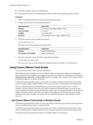 n On Windows guests, log in as an administrator.
n Verify that the host has free disk space equal to the size of the virtual disk that you plan to shrink.
Procedure
1 Open a command prompt or terminal in the guest operating system.
2 Change to the VMware Tools installation directory.
Operating System Default Path
Windows C:Program FilesVMwareVMware Tools
Linux and Solaris /usr/sbin
FreeBSD /usr/local/sbin
Mac OS X /Library/Application Support/VMware Tools
3 Enter the command to list available mount points.
utility-name disk list
For utility-name use the guest-specific program name.
Operating System Utility Name
Windows VMwareToolboxCmd.exe
Linux, Solaris, and FreeBSD vmware-toolbox-cmd
4 Enter the command to shrink the disk at a specified mount point.
utility-name disk mount-point
For mount-point, use one of the mount points displayed when you used the list subcommand.
Using Custom VMware Tools Scripts
You can associate custom scripts with power operations.
When VMware Tools is installed, one or more default scripts run on the guest whenever you change the
power state of the virtual machine. You change the power state by using menu commands or by clicking the
Suspend, Resume, Power On, and Power Off buttons. For example, when you power off a virtual machine,
by default the poweroff-vm-default script runs.
For Windows guest operating systems, you can write new scripts or modify default scripts and save them
with new names and then configure VMware Tools to use your custom script instead of the default script.
For Linux, Mac OS X, Solaris, and FreeBSD guests, you can write scripts and place them in a certain
directory, and then VMware Tools runs your scripts in addition to the default scripts. For power-on and
resume operations, the default scripts run before the custom scripts. For suspend and power-off, the default
scripts run after the custom scripts. This way, VMware Tools stops services only after the custom scripts
finish their work and, conversely, restores the same services before the custom scripts attempt to use the
services.)
Use Custom VMware Tools Scripts in Windows Guests
On Windows guest operating systems, you can write scripts to automate guest operating system operations
when you change the power state of a virtual machine.
For Windows guest operating systems, you can write new scripts or modify default scripts and save them
with new names and then configure VMware Tools to use your custom script instead of the default script.
The default scripts are located in the Program FilesVMwareVMware Tools directory.
Installing and Configuring VMware Tools
38 VMware, Inc.
 