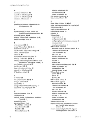 P
paravirtual SCSI drivers 10
poweroff-vm-default script 40
poweron-vm-default script 40
processes, VMware user 11
Q
quiet mode for installing VMware Tools on
Windows guests 16
R
reboot-command for Linux, Solaris, and
FreeBSD guest operating systems 42
removable devices 36, 46
repairing VMware Tools installations 29, 31
resume-vm-default script 40
S
script command 38, 40
scripts, VMware Tools 38, 40, 45
SCSI drivers, virtual 10
security-related configuration settings 47
service, VMware Tools 9
session ID 42
shared folders, kernel module for 10
shrinking a virtual disk 37, 46, 47
Solaris guest operating system, VMware Tools
installation or upgrade (tar installer) 24
sound adapters, connecting 36
stat command 42, 43
status information, retrieving 42
suspend-vm-default script 40
SVGA drivers, virtual 10
T
tar installer 22
time synchronization 34, 35, 46
timesync command 34
tools.conf file 42
tools.guestlib.enableHostInfo property 47
tools.setInfo.sizeLimit property 47
U
uninstalling VMware Tools 30
Unity feature 11
unsigned drivers, in beta versions of VMware
Tools 20, 21
updated information 7
upgrading VMware Tools
FreeBSD (tar installer) 26
Linux (tar installer) 22
Mac OS X 28
Microsoft Windows 15
NetWare (tar installer) 27
process overview 14
Solaris (tar installer) 24
USB devices, connecting 36
user process, VMware 11
V
virtual disks, shrinking 37, 46, 47
virtual machine configuration file (.vmx file) 47
VMCI drivers 10, 47
vmci0.unrestricted property 47
vmhgfs kernel module 10
vmtoolsd 9
VMware Tools
components of 9
configuration utility 33
configuring from within VMware products 45
introduction to 5
security considerations 47
VMware Tools installation
automated install on Windows guests 16, 18
FreeBSD (tar installer) 26
Linux (tar installer) 22
Mac OS X 28
Microsoft Windows 15
NetWare (tar installer) 27
process 13
repairing 29
silent install on Windows guests 16, 18
Solaris (tar installer) 24
troubleshooting 29
unsigned drivers 20, 21
VMware Tools scripts
custom 38, 40
default 40
disabling 41
VMware Tools service 9
VMware Tools upgrade
automatic updates 45
FreeBSD (tar installer) 26
Linux (tar installer) 22
Mac OS X 28
Microsoft Windows 15
NetWare (tar installer) 27
process 13, 14
Solaris (tar installer) 24
troubleshooting 29
VMware user process 11
vmware-toolbox-cmd utility for Linux, Solaris,
and FreeBSD guest operating
systems 33
vmware-tools-cli utility for Mac OS X guest
operating systems with Fusion 33
Installing and Configuring VMware Tools
52 VMware, Inc.
 