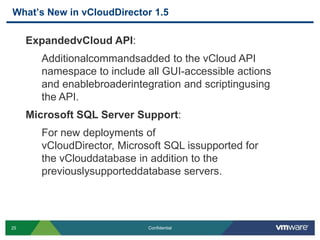 What’s New in vCloudDirector 1.5

     ExpandedvCloud API:
       Additionalcommandsadded to the vCloud API
       namespace to include all GUI-accessible actions
       and enablebroaderintegration and scriptingusing
       the API.
     Microsoft SQL Server Support:
       For new deployments of
       vCloudDirector, Microsoft SQL issupported for
       the vClouddatabase in addition to the
       previouslysupporteddatabase servers.




25                           Confidential
 