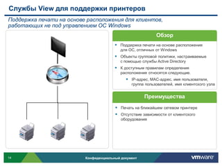 Службы View для поддержки принтеров
Поддержка печати на основе расположения для клиентов,
работающих не под управлением ОС Windows
                                                             Обзор
                                         Поддержка печати на основе расположения
                                           для ОС, отличных от Windows
                                         Объекты групповой политики, настраиваемые
                                           с помощью службы Active Directory
                                         К доступным правилам определения
                                           расположения относятся следующие.
                                              IP-адрес, MAC-адрес, имя пользователя,
                                                группа пользователей, имя клиентского узла


                                                       Преимущества
                                         Печать на ближайшем сетевом принтере
                                         Отсутствие зависимости от клиентского
                                           оборудования




14                        Конфиденциальный документ
 