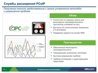 Службы расширений PCoIP
Получение полного представления с целью устранения неполадок
и разрешения проблем
                                                            Обзор
                                         Статистика по каждому сеансу для
                                           мониторинга производительности
                                           протоколов и влияния на сеть
                                         Доступно 23 статистических показателя
                                           в 4 категориях
                                         Поддержка средств на основе WMI



                                                        Преимущества

                                         Обеспечение мониторинга
                                           производительности
                                         Упреждающее устранение неполадок
                                         Быстрое разрешение проблем
                                         Удобная интеграция с существующими
                                           средствами



20                        Конфиденциальный документ
 