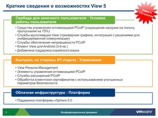 Краткие сведения о возможностях View 5

    Свобода для конечного пользователя : Условия
    работы пользователя
    • Средства управления оптимизацией PCoIP (сокращение нагрузки на полосу
      пропускания на 75%)
    • Службы мультимедиа View (трехмерная графика, интеграция с решениями для
      унифицированной коммуникации)
    • Службы обеспечения непрерывности PCoIP
    • Клиент View для Android (3-й кв.)
    • Добавлена поддержка корейского языка

    Контроль со стороны ИТ-отдела : Управление

    • View Persona Management
    • Элементы управления оптимизацией PCoIP
    • Службы расширений PCoIP
    • Обработка клиентских сертификатов с использованием улучшенных
      параметров безопасности

    Облачная инфраструктура : Платформа

    • Поддержка платформы vSphere 5.0


4                             Конфиденциальный документ
 