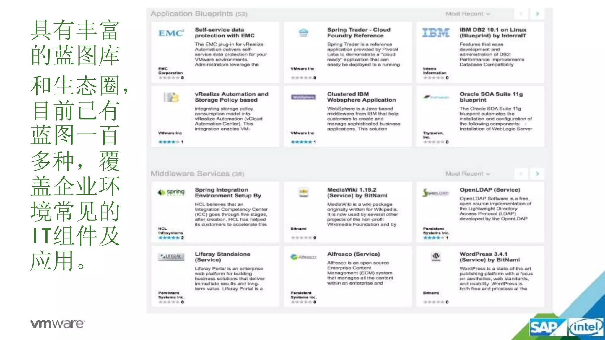 具有丰富
的蓝图库
和生态圈，
目前已有
蓝图一百
多种，覆
盖企业环
境常见的
IT组件及
应用。
 