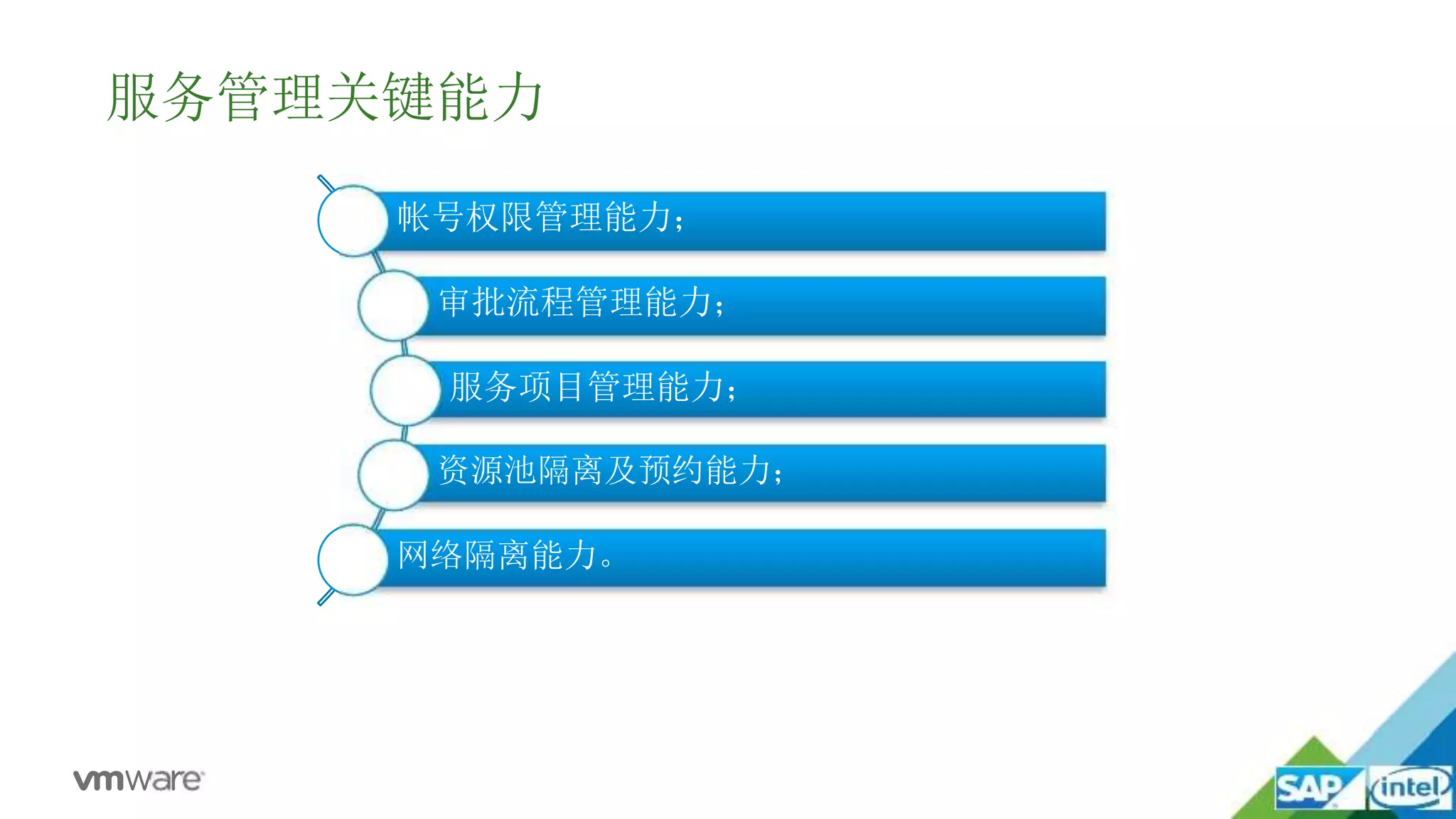 服务管理关键能力
帐号权限管理能力；
审批流程管理能力；
服务项目管理能力；
资源池隔离及预约能力；
网络隔离能力。
 