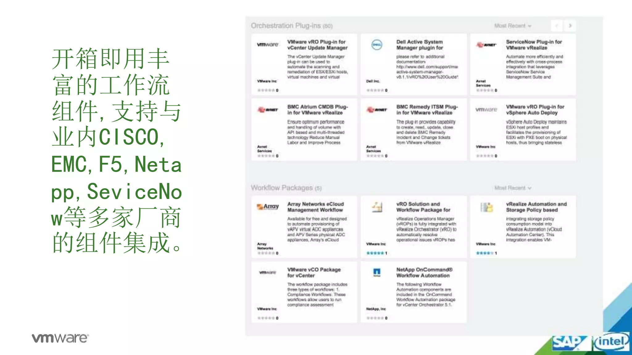 开箱即用丰
富的工作流
组件,支持与
业内CISCO,
EMC,F5,Neta
pp,SeviceNo
w等多家厂商
的组件集成。
 