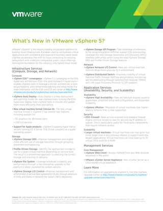What’s New in VMware vSphere 5?
—Take advantage of extensions
to the Array Integration API that support thin provisioning.
Leverage the new Storage Awareness and Discovery API to
interface with arrays when using the new vSphere Storage
DRS and Proﬁle-Driven Storage features.
—New per–virtual-machine
controls allow more-granular SLA enforcement.
—Improves visibility of virtual-
machine traffic through NetFlow and enhances monitoring
and troubleshooting through Switched Port Analyzer (SPAN)
and Link Layer Discovery Protocol (LLDP) support.
—New architecture enables superior
guarantees, simpliﬁed setup and conﬁguration, and expanded
scalability.
—Migration of virtual machines over higher-
latency network links is now supported.
—New service-oriented and stateless ﬁrewall
engine restricts access to speciﬁc services by IP address or
subnet. This is particularly useful for third-party components
that require network access.
—Virtual machines can now grow four
times larger than in any previous release to support even the
largest applications. Virtual machines can now have up to 32
virtual CPUs and 1TB of RAM.
—Access vSphere from any Web browser
anywhere in the world.
—Run vCenter Server as a
Linux-based virtual appliance.
For information on upgrading to vSphere 5, visit the vSphere
Upgrade Center at http://www.vmware.com/products/vsphere/
upgrade-center/overview.html.
VMware® vSphere® is the industry-leading virtualization platform for
building cloud infrastructures. It enables users to run business-critical
applications with conﬁdence and respond to business needs faster.
vSphere accelerates the shift to cloud computing for existing
datacenters and underpins compatible public cloud offerings,
forming the foundation for the industry’s only hybrid cloud model.
—vSphere 5 is converging on the ESXi
hypervisor architecture. ESXi—the gold standard in hypervisors—
enables vSphere users to leverage a thinner architecture, a more
secure footprint, and a streamlined patching and setup model. For
more information visit the ESXi and ESX info center at http://www.
vmware.com/products/vsphere/esxi-and-esx/overview.html.
—Auto Deploy is a new deployment
and patching model for new vSphere hosts running the ESXi
hypervisor. Deploy more vSphere hosts in minutes and update
them more efficiently than ever before.
—The new virtual-
machine format in vSphere 5 has several new features,
including support for
– 3D graphics for Windows Aero
– USB 3.0 devices
—vSphere 5 supports Apple Xserve
servers running OS X Server 10.6 (Snow Leopard) as a guest
operating system.
—Improve management and enable
more-efficient use of storage resources through grouping,
placement and balancing.
—Identify the appropriate storage to
use for a given virtual machine depending on service level.
The result is a streamlined approach to selecting the correct
storage and ensuring its delivery.
—Leverage enhanced scalability and
performance through a non-disruptive upgrade to the
platform’s latest clustered ﬁle system version.
—Improve management and
enforcement of service-level agreements (SLAs) through extension
of limits and shares in Network File System (NFS) datastores.
VMware, Inc. 3401 Hillview Avenue Palo Alto CA 94304 USA Tel 877-486-9273 Fax 650-427-5001 www.vmware.com
Copyright © 2011 VMware, Inc. All rights reserved. This product is protected by U.S. and international copyright and intellectual property laws. VMware products are covered by one or more patents listed
at http://www.vmware.com/go/patents. VMware is a registered trademark or trademark of VMware, Inc. in the United States and/or other jurisdictions. All other marks and names mentioned herein may be
trademarks of their respective companies. Item No: VMW-FLYR-vSPHR5-WHATS-NEW-USLET-104
 