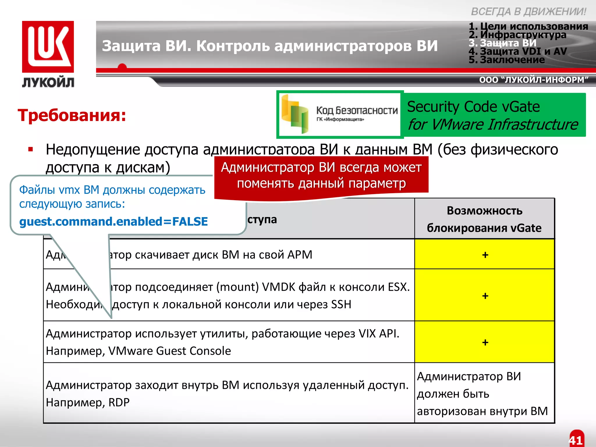 1. Цели использования
                                                                           2. Инфраструктура
             Защита ВИ. Контроль администраторов ВИ                        3. Защита ВИ
                                                                           4. Защита VDI и AV
                                                                           5. Заключение
                                                                            ООО “ЛУКОЙЛ-ИНФОРМ”


                                                                  Security Code vGate
Требования:
                                                                  for VMware Infrastructure
  Недопущение доступа администратора ВИ к данным ВМ (без физического
   доступа к дискам)     Администратор ВИ всегда может
Файлы vmx ВМ должны содержать
                                   поменять данный параметр
следующую запись:
                                                                       Возможность
                       Способы доступа
guest.command.enabled=FALSE
                                                                    блокирования vGate

    Администратор скачивает диск ВМ на свой АРМ                              +

    Администратор подсоединяет (mount) VMDK файл к консоли ESX.
                                                                             +
    Необходим доступ к локальной консоли или через SSH

    Администратор использует утилиты, работающие через VIX API.
                                                                             +
    Например, VMware Guest Console
                                                                Администратор ВИ
    Администратор заходит внутрь ВМ используя удаленный доступ.
                                                                должен быть
    Например, RDP
                                                                авторизован внутри ВМ

                                                                                            41
 