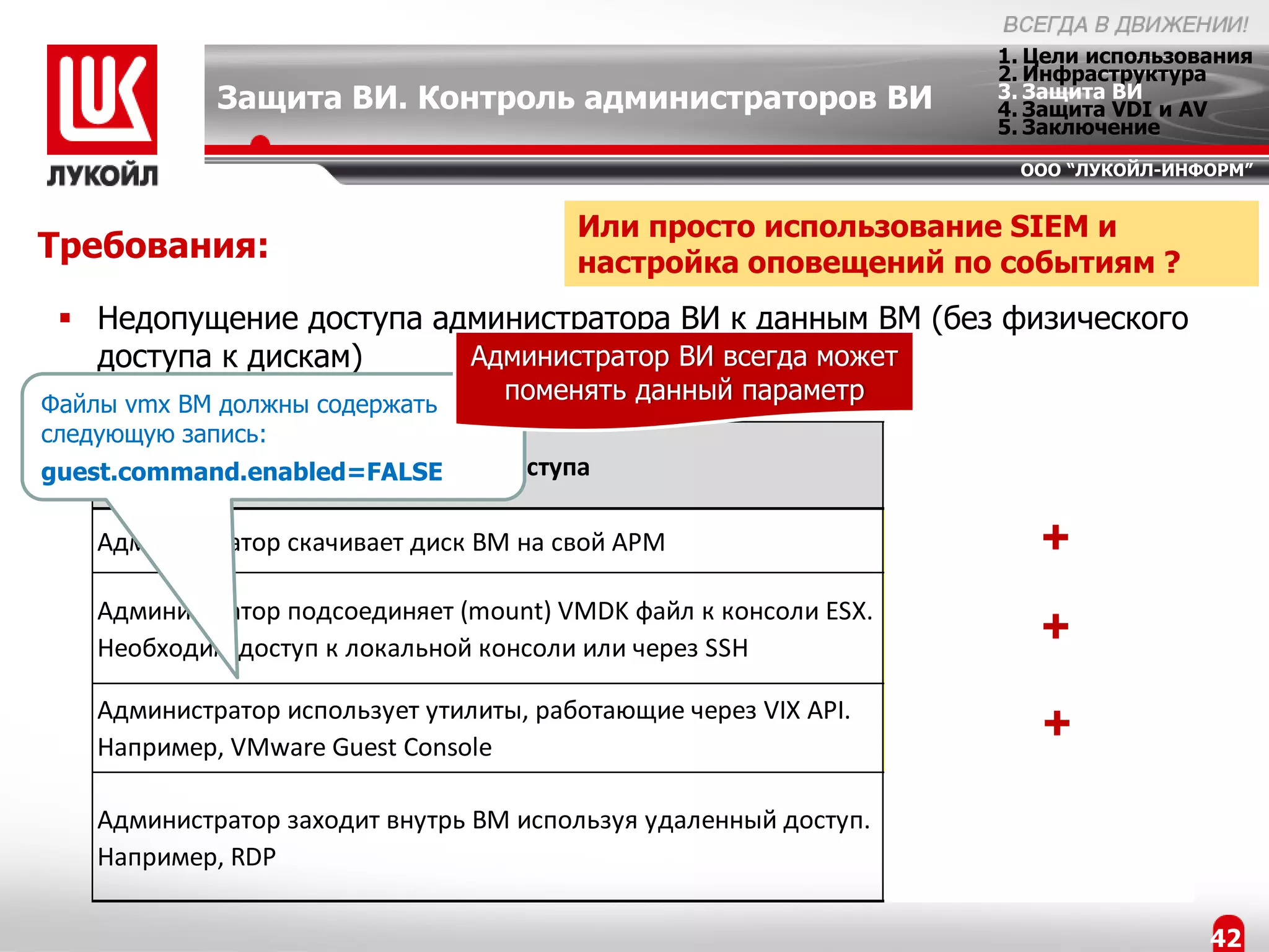 1. Цели использования
                                                                        2. Инфраструктура
             Защита ВИ. Контроль администраторов ВИ                     3. Защита ВИ
                                                                        4. Защита VDI и AV
                                                                        5. Заключение
                                                                          ООО “ЛУКОЙЛ-ИНФОРМ”


                                         Или просто использование SIEM и
Требования:                              настройка оповещений по событиям ?
  Недопущение доступа администратора ВИ к данным ВМ (без физического
   доступа к дискам)     Администратор ВИ всегда может
Файлы vmx ВМ должны содержать
                                   поменять данный параметр
следующую запись:
                                                                     Возможность
                       Способы доступа
guest.command.enabled=FALSE
                                                                  блокирования vGate

    Администратор скачивает диск ВМ на свой АРМ                           +   +
    Администратор подсоединяет (mount) VMDK файл к консоли ESX.
    Необходим доступ к локальной консоли или через SSH
                                                                          +   +
    Администратор использует утилиты, работающие через VIX API.
    Например, VMware Guest Console
                                                                          +   +
                                                                Администратор ВИ
    Администратор заходит внутрь ВМ используя удаленный доступ.
                                                                должен быть
    Например, RDP
                                                                авторизован внутри ВМ

                                                                                         42
 