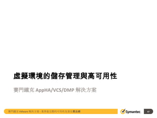 虛擬環境的儲存管理與高可用性
賽門鐵克 AppHA/VCS/DMP 解決方案

賽門鐵克 VMware 解決方案 - 業界最完整的可用性及資安產品線

47

 