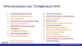 @nicolefv
What developers say: The bad about WFH
Signiﬁcant impact on productivity
Strongest impact on productivity
https://arxiv.org/pdf/2008.11147.pdf
● Missing social interactions
● Lack of work-life boundary
● Poor ergonomics
● Less awareness of colleagues work
● Less physical activity
● Difﬁcult to communicate with
colleagues
● Insufﬁcient hardware
● Connectivity problems
● Poor work life balance
● Too many meetings
● More distractions or interruptions
● Lack of a routine
● Fewer breaks
● Friction with collaboration tools
● Lack of motivation
● Blocked waiting on others
● Poor home work environment
● Lack of dining options
● Lack of childcare
● Less time to complete work
● Lack of childcare and Less time to
complete work
 