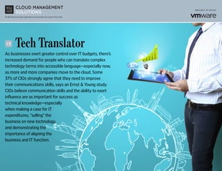 The Wall Street Journal news organization was not involved in the creation of this content.
	 Tech Translator
As businesses exert greater control over IT budgets, there’s
increased demand for people who can translate complex
technology terms into accessible language—especially now,
as more and more companies move to the cloud. Some
37% of CIOs strongly agree that they need to improve
their communications skills, says an Ernst & Young study.
CIOs believe communication skills and the ability to exert
influence are as important for success as
technical knowledge—especially
when making a case for IT
expenditures, “selling” the
business on new technology,
and demonstrating the
importance of aligning the
business and IT function.
#3
 