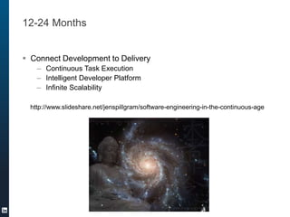 12-24 Months
 Connect Development to Delivery
– Continuous Task Execution
– Intelligent Developer Platform
– Infinite Scalability
http://www.slideshare.net/jenspillgram/software-engineering-in-the-continuous-age
 