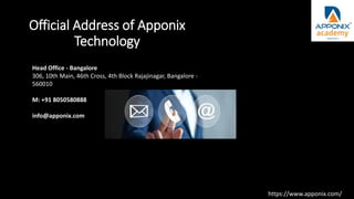 Official Address of Apponix
Technology
Head Office - Bangalore
306, 10th Main, 46th Cross, 4th Block Rajajinagar, Bangalore -
560010
M: +91 8050580888
info@apponix.com
https://www.apponix.com/
 