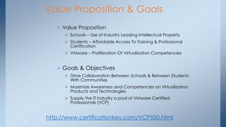 15 
Value Proposition & Goals 
Value Proposition 
Schools – Use of Industry Leading Intellectual Property 
Students – Affordable Access To Training & Professional Certification 
VMware – Proliferation Of Virtualization Competencies 
Goals & Objectives 
Drive Collaboration Between Schools & Between Students With Communities 
Maximize Awareness and Competencies on Virtualization Products and Technologies 
Supply the IT industry a pool of VMware Certified Professionals (VCP) 
http://www.certificationkey.com/VCP550.html  