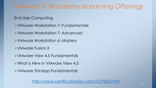 VMware IT Academy eLearning Offerings 
End User Computing 
VMware Workstation 7: Fundamentals 
VMware Workstation 7: Advanced 
VMware Workstation 6: Mastery 
VMware Fusion 3 
VMware View 4.5 Fundamentals 
What is New in VMware View 4.5 
VMware ThinApp Fundamentals 
19 
http://www.certificationkey.com/VCP550.html  