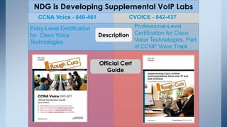 NDG is Developing Supplemental VoIP Labs 
CVOICE - 642-437 
CCNA Voice - 640-461 
Entry-Level Certification for Cisco Voice Technologies 
Professional-Level Certification for Cisco Voice Technologies. Part of CCNP Voice Track 
Description 
Official Cert 
Guide  