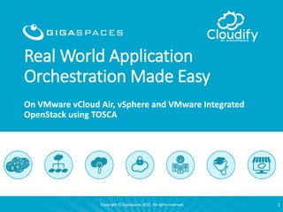 Copyright © GigaSpaces 2015. All rights reserved.Copyright © GigaSpaces 2014. All rights reserved.Copyright © GigaSpaces 2015. All rights reserved.
Real World Application
Orchestration Made Easy
On VMware vCloud Air, vSphere and VMware Integrated
OpenStack using TOSCA
1
 