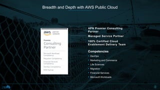 Breadth and Depth with AWS Public Cloud
Competencies
• DevOps
• Marketing and Commerce
• Life Sciences
• Migration
• Financial Services
• Microsoft Workloads
APN Premier Consulting
Partner
100% Certified Cloud
Enablement Delivery Team
Managed Service Partner
1
2
 