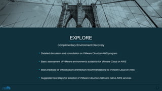 EXPLORE
1
7
• Detailed discussion and consultation on VMware Cloud on AWS program
• Basic assessment of VMware environment’s suitability for VMware Cloud on AWS
• Best practices for infrastructure architecture recommendations for VMware Cloud on AWS
• Suggested next steps for adoption of VMware Cloud on AWS and native AWS services
Complimentary Environment Discovery
 