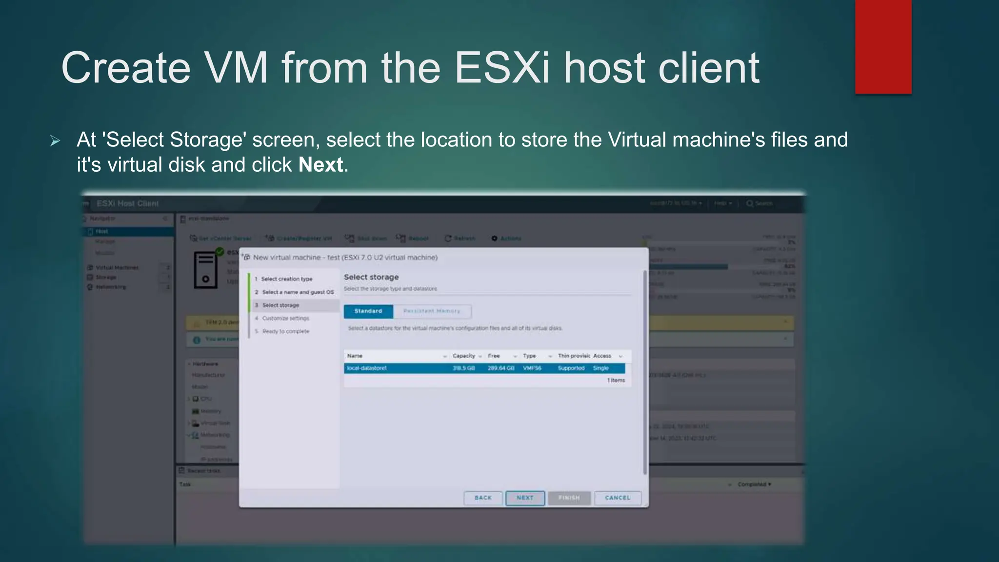 Create VM from the ESXi host client
 At 'Select Storage' screen, select the location to store the Virtual machine's files and
it's virtual disk and click Next.
 