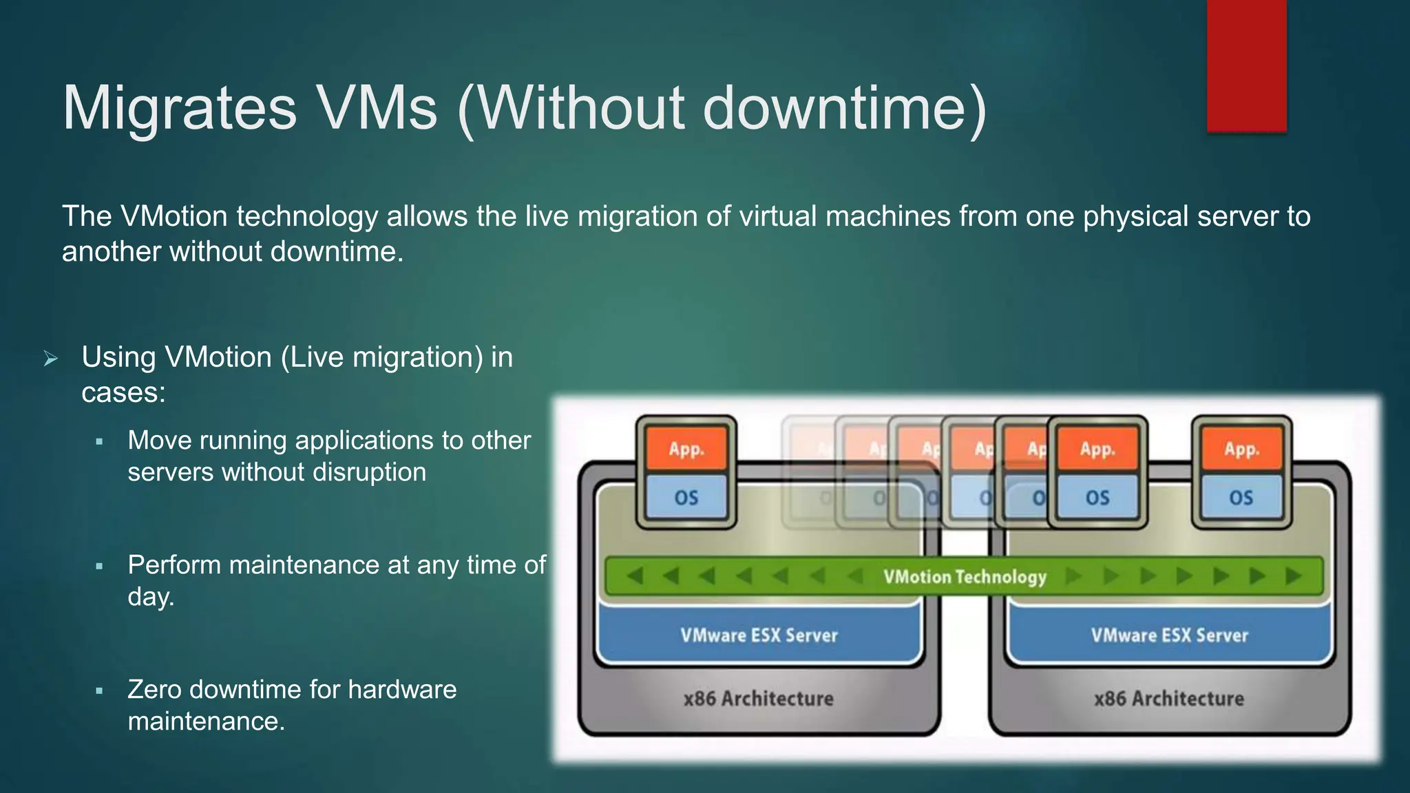 Migrates VMs (Without downtime)
 Using VMotion (Live migration) in
cases:
 Move running applications to other
servers without disruption
 Perform maintenance at any time of
day.
 Zero downtime for hardware
maintenance.
The VMotion technology allows the live migration of virtual machines from one physical server to
another without downtime.
 