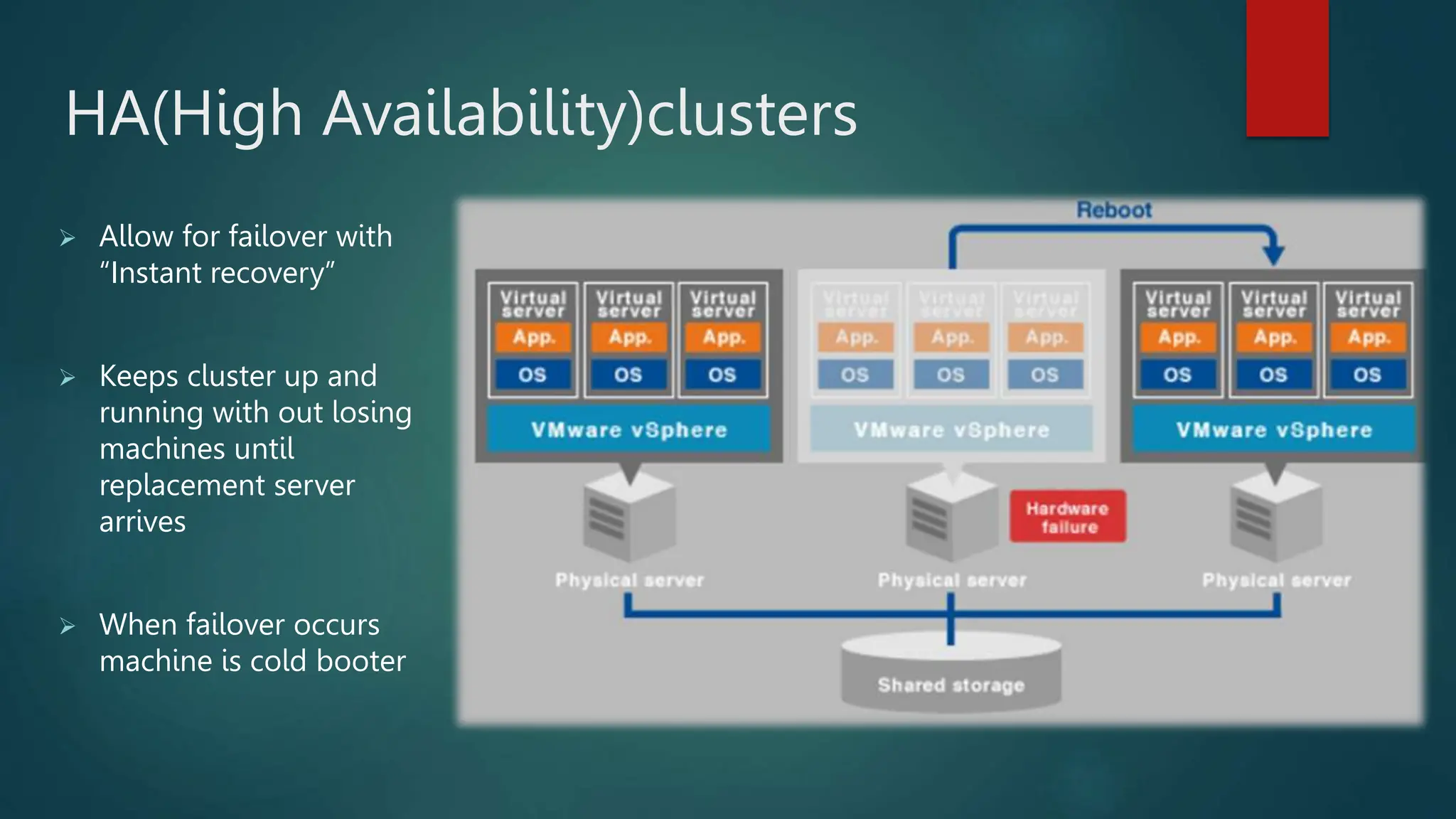 HA(High Availability)clusters
 Allow for failover with
“Instant recovery”
 Keeps cluster up and
running with out losing
machines until
replacement server
arrives
 When failover occurs
machine is cold booter
 