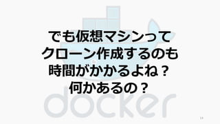 でも仮想マシンって 
クローン作成するのも 
時間がかかるよね？ 
何かあるの？ 
14 
 