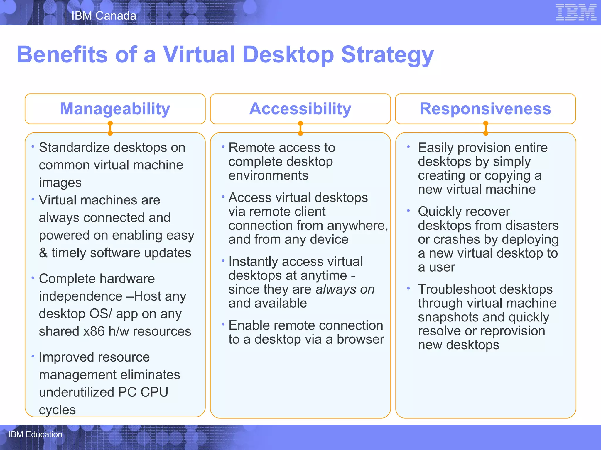 IBM Canada


 Benefits of a Virtual Desktop Strategy

            Manageability                  Accessibility                 Responsiveness

     • Standardize desktops on      •   Remote access to             •   Easily provision entire
       common virtual machine           complete desktop                 desktops by simply
                                        environments                     creating or copying a
       images
                                                                         new virtual machine
     • Virtual machines are         •   Access virtual desktops
       always connected and             via remote client            •   Quickly recover
                                        connection from anywhere,        desktops from disasters
       powered on enabling easy         and from any device              or crashes by deploying
       & timely software updates                                         a new virtual desktop to
                                    •   Instantly access virtual         a user
     •   Complete hardware              desktops at anytime -
                                        since they are always on     •   Troubleshoot desktops
         independence –Host any
                                        and available                    through virtual machine
         desktop OS/ app on any                                          snapshots and quickly
         shared x86 h/w resources
                                    •   Enable remote connection         resolve or reprovision
                                        to a desktop via a browser       new desktops
     •   Improved resource
         management eliminates
         underutilized PC CPU
         cycles
IBM Education
 