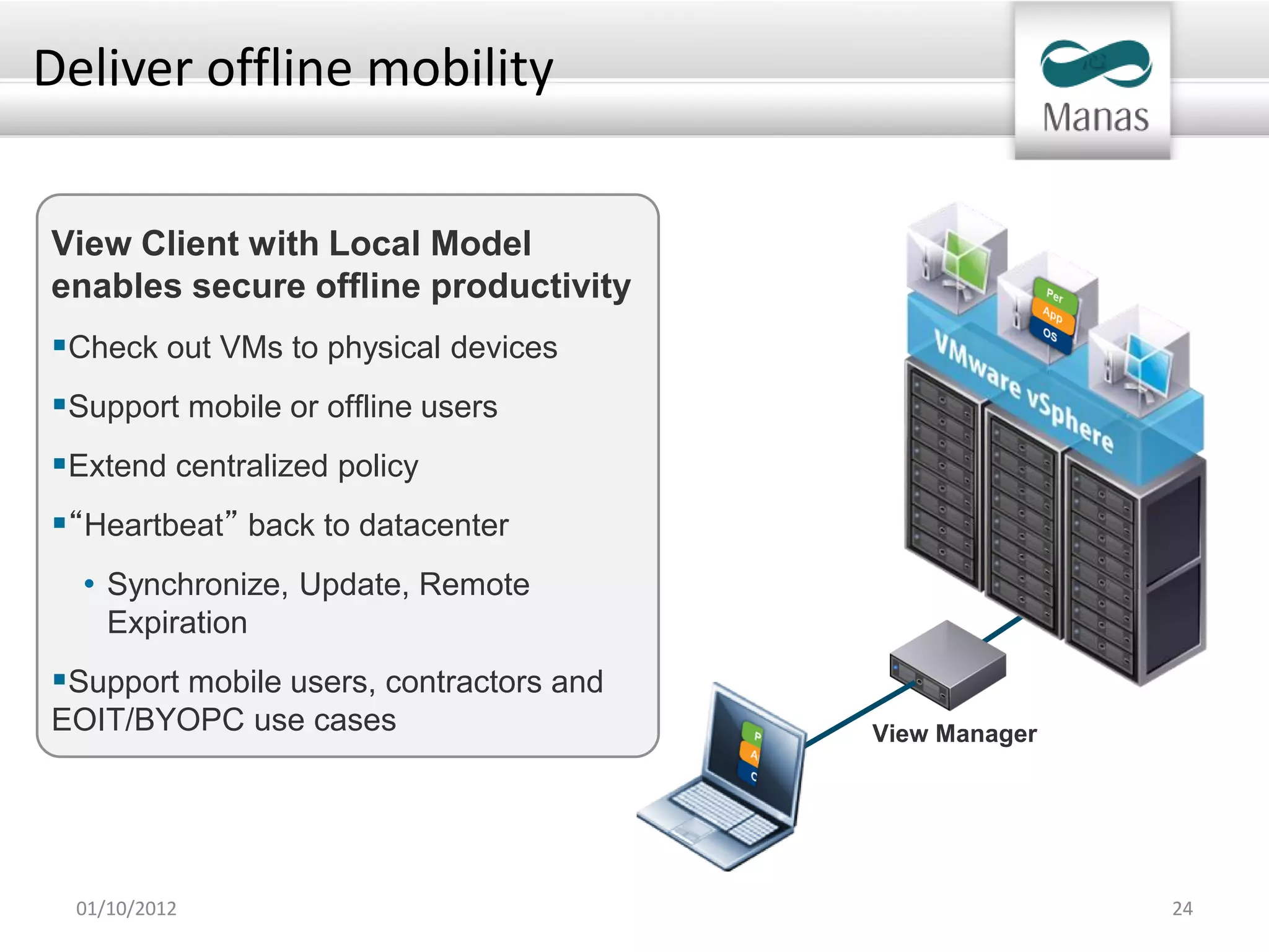 Deliver offline mobility


View Client with Local Model
enables secure offline productivity
Check out VMs to physical devices
Support mobile or offline users
Extend centralized policy
“Heartbeat” back to datacenter
  • Synchronize, Update, Remote
     Expiration
Support mobile users, contractors and
EOIT/BYOPC use cases                     View Manager




  01/10/2012                                            24
 