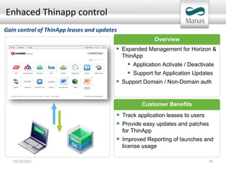 Enhaced Thinapp control
Gain control of ThinApp leases and updates
                                                           Overview
                                          Expanded Management for Horizon &
                                             ThinApp
                                               Application Activate / Deactivate
                                               Support for Application Updates
                                          Support Domain / Non-Domain auth


                                                    Customer Benefits
                                          Track application leases to users
                                          Provide easy updates and patches
                                             for ThinApp
                                          Improved Reporting of launches and
                                             license usage

   01/10/2012                                                                 18
 
