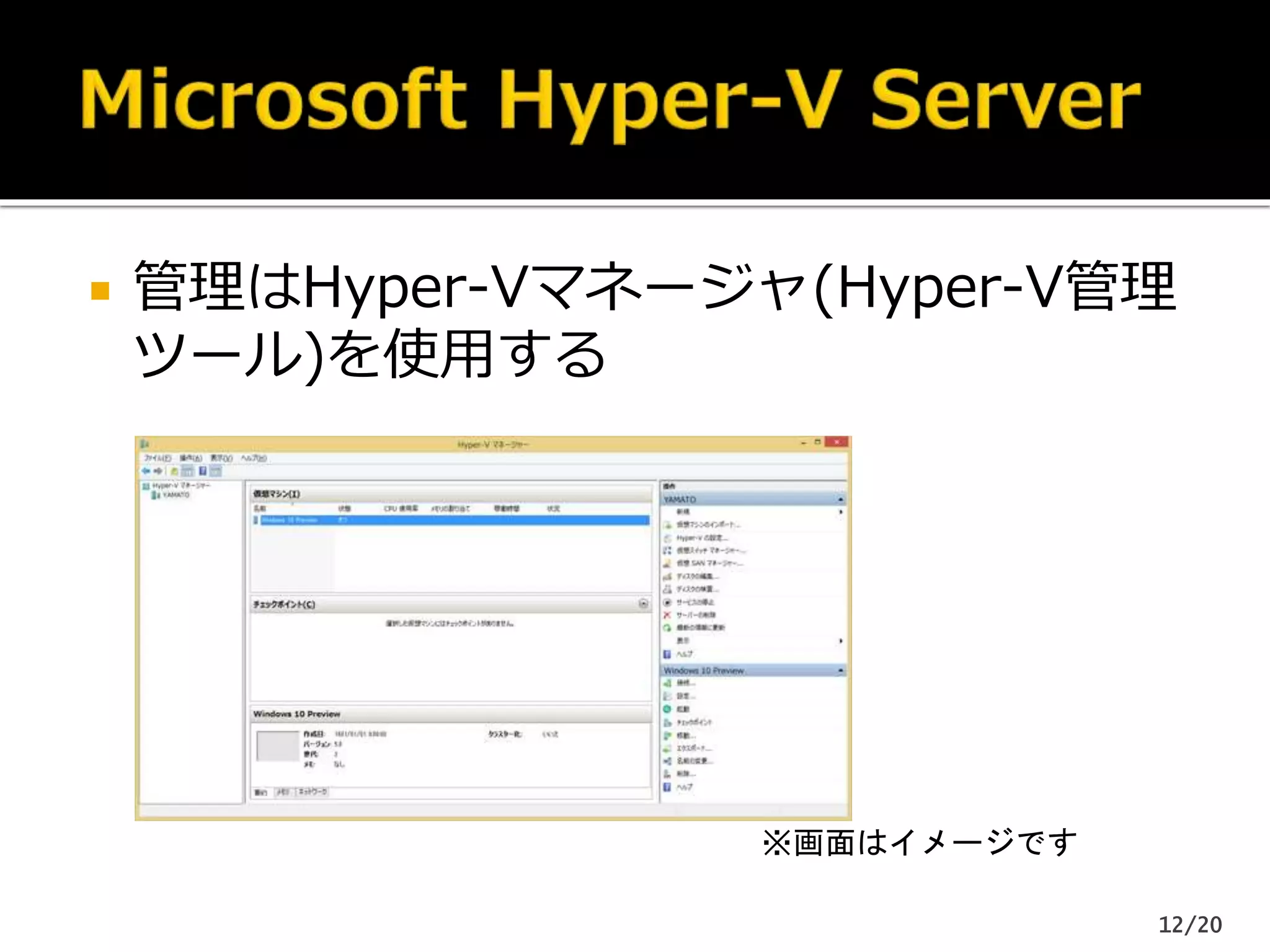  管理はHyper-Vマネージャ(Hyper-V管理
ツール)を使用する
12/20
※画面はイメージです
 