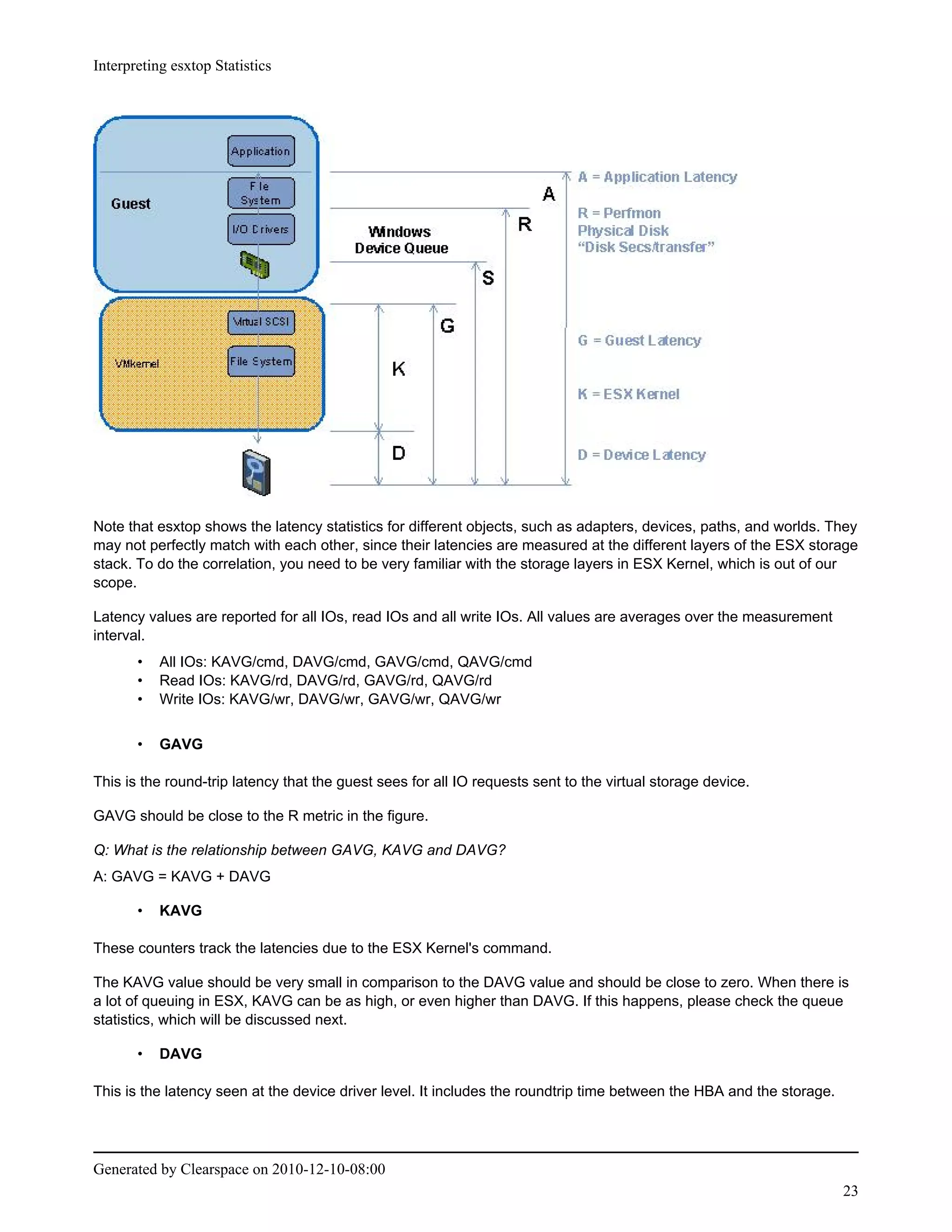 Interpreting esxtop Statistics




Note that esxtop shows the latency statistics for different objects, such as adapters, devices, paths, and worlds. They
may not perfectly match with each other, since their latencies are measured at the different layers of the ESX storage
stack. To do the correlation, you need to be very familiar with the storage layers in ESX Kernel, which is out of our
scope.

Latency values are reported for all IOs, read IOs and all write IOs. All values are averages over the measurement
interval.
       •   All IOs: KAVG/cmd, DAVG/cmd, GAVG/cmd, QAVG/cmd
       •   Read IOs: KAVG/rd, DAVG/rd, GAVG/rd, QAVG/rd
       •   Write IOs: KAVG/wr, DAVG/wr, GAVG/wr, QAVG/wr


       •   GAVG

This is the round-trip latency that the guest sees for all IO requests sent to the virtual storage device.

GAVG should be close to the R metric in the figure.

Q: What is the relationship between GAVG, KAVG and DAVG?
A: GAVG = KAVG + DAVG

       •   KAVG

These counters track the latencies due to the ESX Kernel's command.

The KAVG value should be very small in comparison to the DAVG value and should be close to zero. When there is
a lot of queuing in ESX, KAVG can be as high, or even higher than DAVG. If this happens, please check the queue
statistics, which will be discussed next.

       •   DAVG

This is the latency seen at the device driver level. It includes the roundtrip time between the HBA and the storage.




Generated by Clearspace on 2010-12-10-08:00
                                                                                                                       23
 