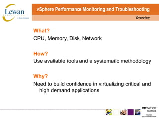 vSphere Performance Monitoring and Troubleshooting Overview What? CPU, Memory, Disk, Network How? Use available tools and a systematic methodology Why? Need to build confidence in virtualizing critical and high demand applications 