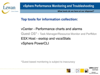 vSphere Performance Monitoring and TroubleshootingWhat tools do we have at our disposal?Top tools for information collection:vCenter - Performance charts and alarmsGuest OS* - Task Manager/Resource Monitor and PerfMonESX Host - esxtop and vscsiStatsvSpherePowerCLI*Guest based monitoring is subject to inaccuracy