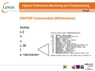 vSphere Performance Monitoring and TroubleshootingStorageESXTOP Commands(LUN/Datastore):esxtops 2VuL 38fe <devname>