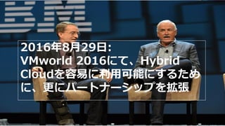 2016年8月29日:
VMworld 2016にて、Hybrid
Cloudを容易に利用可能にするため
に、更にパートナーシップを拡張
 