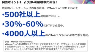 発表ポイント1. より良い顧客体験の実現！
戦略的パートナーシップの発表以降、VMware on IBM Cloudを
•500社以上の顧客が利用し、
•30%-60%のMTMで成長中。
•4000人以上のVMware Solutionの専門家を育成。
事例：Marriott International社。
VMwareという共通基盤をクラウド上でも利用することで、アプリケーションを再設計
する必要がなかった。そのためハイブリッドクラウドと自動化の恩恵を受けることが
でき、イノベーションを生み出す新規アプリを作成することに注力できた。
 