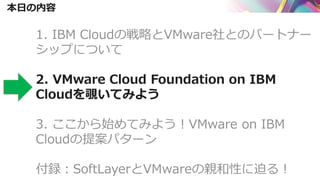 本日の内容
1. IBM Cloudの戦略とVMware社とのパートナー
シップについて
2. VMware Cloud Foundation on IBM
Cloudを覗いてみよう
3. ここから始めてみよう！VMware on IBM
Cloudの提案パターン
付録：SoftLayerとVMwareの親和性に迫る！
 