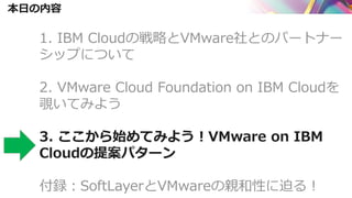 本日の内容
1. IBM Cloudの戦略とVMware社とのパートナー
シップについて
2. VMware Cloud Foundation on IBM Cloudを
覗いてみよう
3. ここから始めてみよう！VMware on IBM
Cloudの提案パターン
付録：SoftLayerとVMwareの親和性に迫る！
 