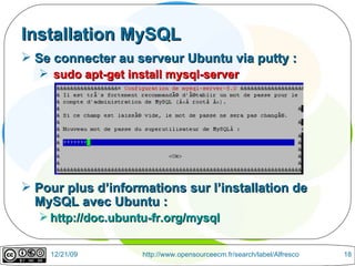 Installation MySQL Se connecter au serveur Ubuntu via putty : sudo apt-get install mysql-server Pour plus d’informations sur l’installation de MySQL avec Ubuntu :  http://doc.ubuntu-fr.org/mysql 