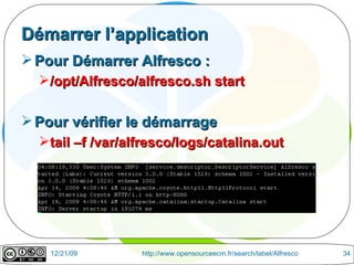 Démarrer l’application Pour Démarrer Alfresco :  /opt/Alfresco/alfresco.sh start  Pour vérifier le démarrage tail –f /var/alfresco/logs/catalina.out 