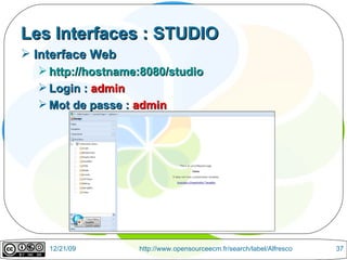 Les Interfaces : STUDIO Interface Web http://hostname:8080/studio Login :  admin Mot de passe :  admin 